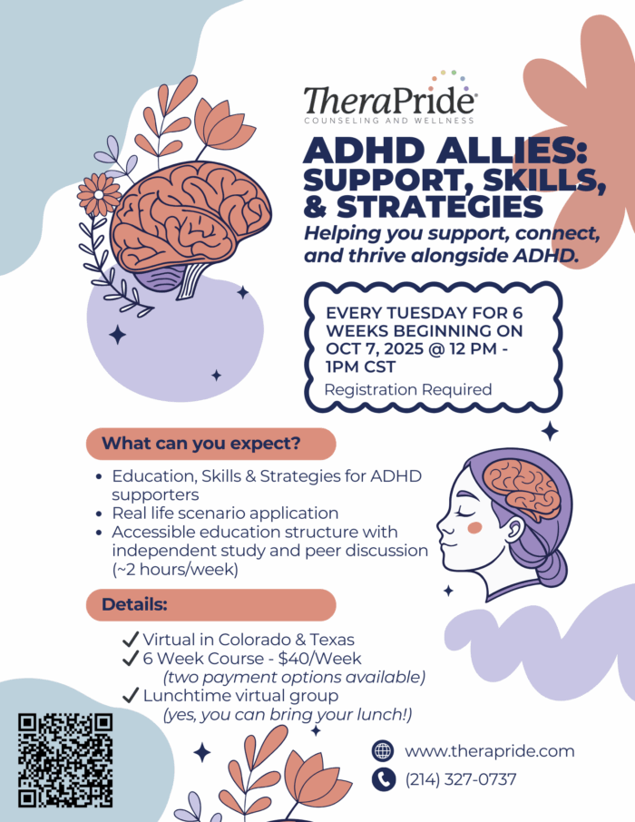 Flyer for ADHD-Allies group. Contains visual accents such as a brin, human face, and floral shapes.