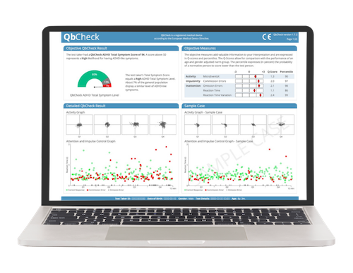 Laptop computer screen with sample QbCheck results.