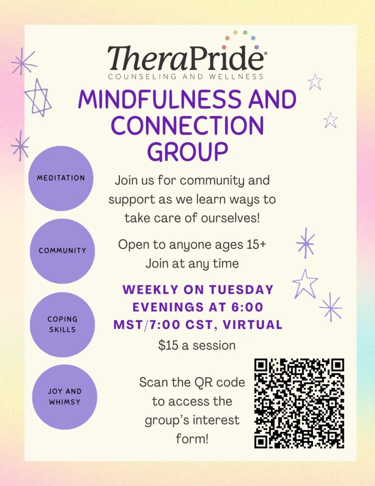 Mindfulness Group Flyer for January 2026. Contains graphics and text providing details regarding the group. The main colors are purple, cream, pink, and blue. Shapes included are stars, circles, and a QR code box.