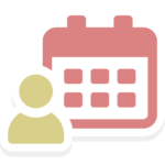 Icon with yellow silhouette of a person and a rose color calendar.