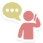Icon with rose color silhouette of a person and a yellow text bubble with 3 dots.